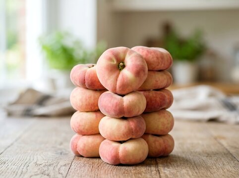 A stacked composition of unique flat donut peaches