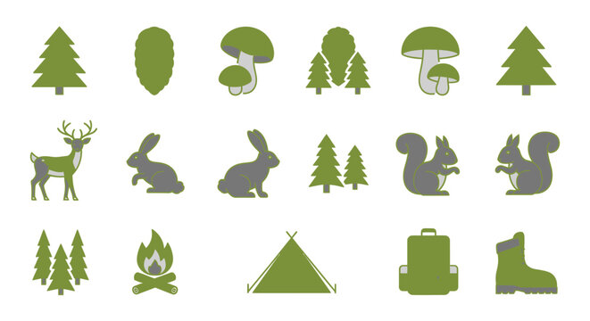 Forest themed vector elements trees mushrooms deer rabbit squirrel camp fire