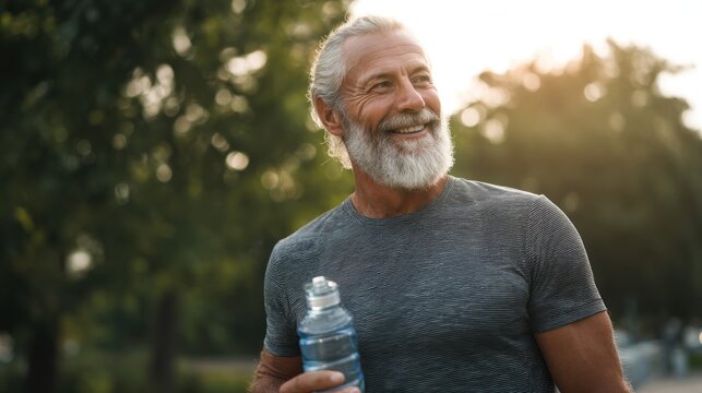 Smiling man holding water bottle outdoors