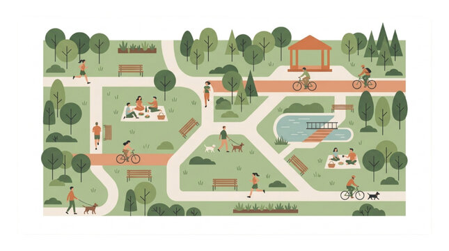Flat vector collection of isometric public park master plan entourage elements with picnic pond and cyclists