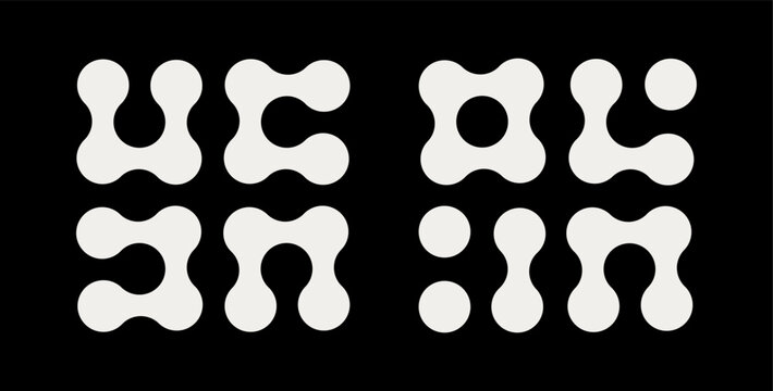 Metaball white icon template. Connected dots sign simple layout. Integration abstract flat symbol mockup. Connected blobs. Circles pattern. Point movement. Metaballs transition. Set of logos.