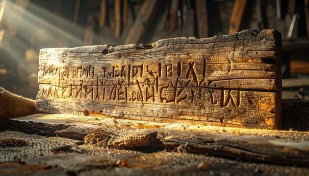 Weathered Wooden Plank With Anglo Saxon Runes Carved Into Its Surface Showing Ancient Inscriptions