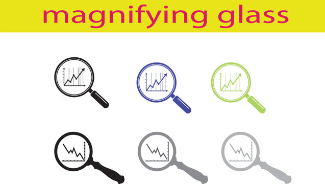 Magnifying glass icon set with financial growth and decrease line chart data analysis flat vector illustration.