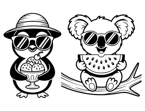 Cute Penguin with Ice Cream and Koala with Watermelon 