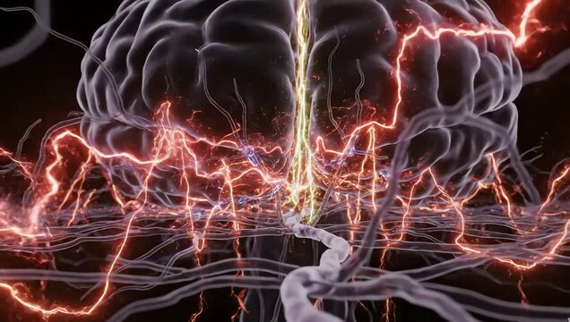 Neural pathways inside a brain entering panic mode, electrical signals firing intensely through transparent synapses