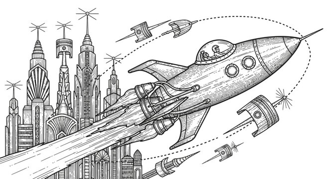 Vintage rocket taking off over city buildings with retro futuristic design