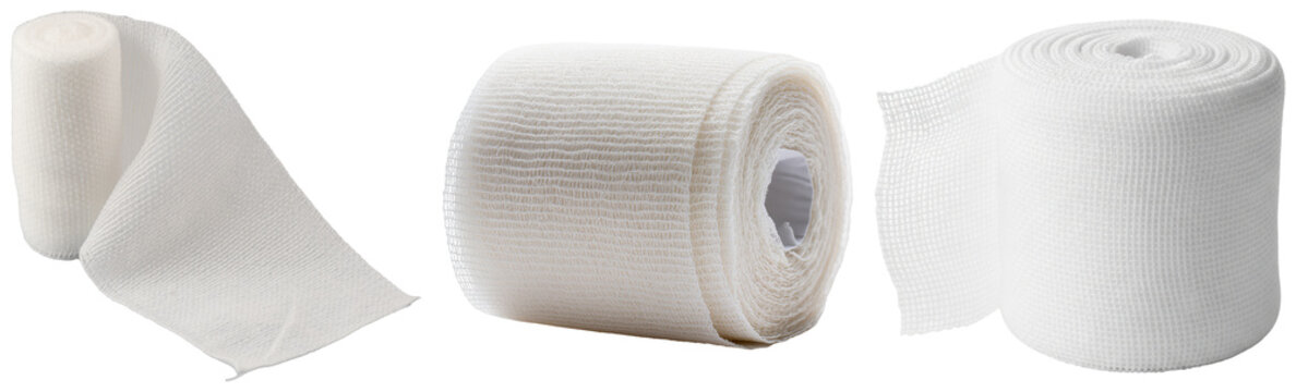 Three rolls of white medical gauze bandage isolated on transparent background