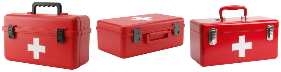 Three red first aid kits with white cross symbol, isolated on transparent background © Trieu