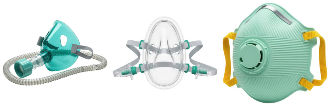 Three different types of respiratory masks isolated on a white background