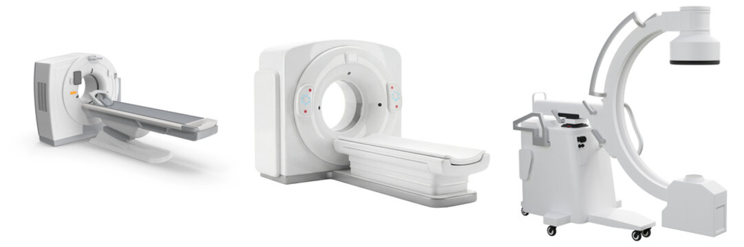Three medical imaging machines: CT scanner, MRI machine, and C-arm fluoroscopy system, isolated on transparent background