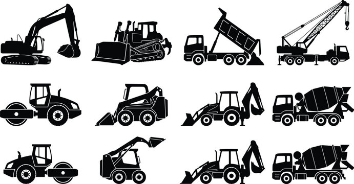 Collection of heavy construction machinery silhouettes featuring excavator bulldozer dump truck crane road roller backhoe and concrete mixer isolated on white background