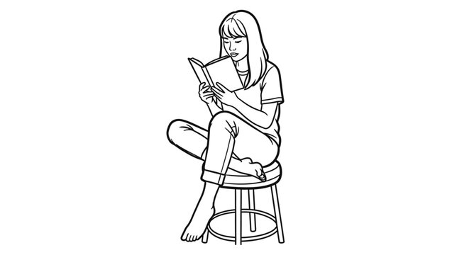 Woman reading book sitting on stool line art illustration isolated