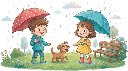 Fototapeta premium children with umbrellas in rainy scene dog