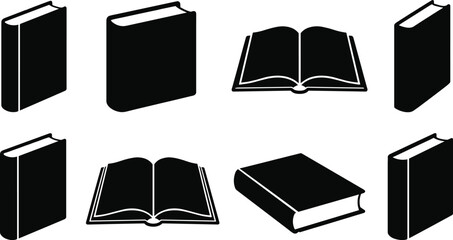 Book silhouettes vector collection, open and closed designs, stacked icons, upright illustrations, literature education resources, library study symbols, academic learning graphics © Habiba