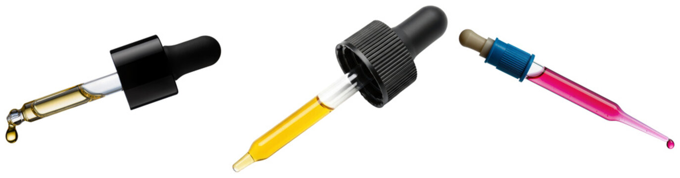 Three droppers with different colored liquids, isolated on transparent background