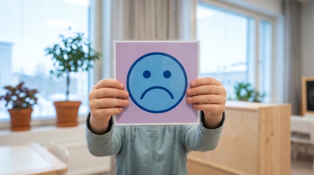 Child hands holding sad emotion picture card for autism AAC emotional expression and feelings identification therapy in modern classroom