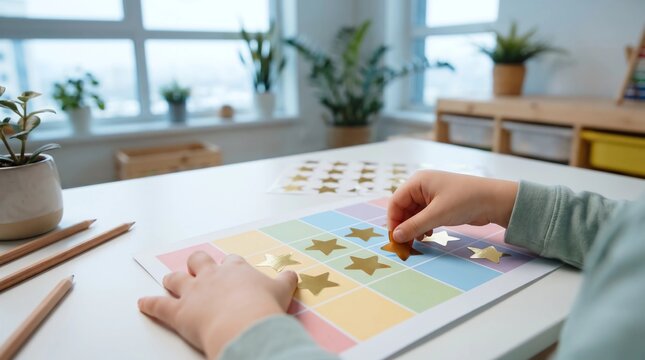 Child both hands placing gold star stickers on colorful pastel reward chart for autism ADHD positive behavior reinforcement therapy