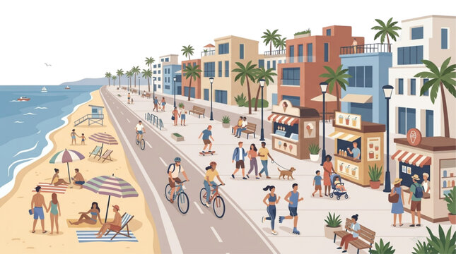 Flat vector collection of coastal waterfront promenade master plan entourage elements with beach bike lane and kiosks