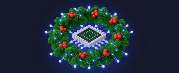 Obraz premium Isometric AI technology holiday wreath in vibrant 3D with IT network elements for celebrations.