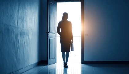 Fototapeta premium Silhouetted Businesswoman Standing in Bright Open Doorway of Dark Office Hallway