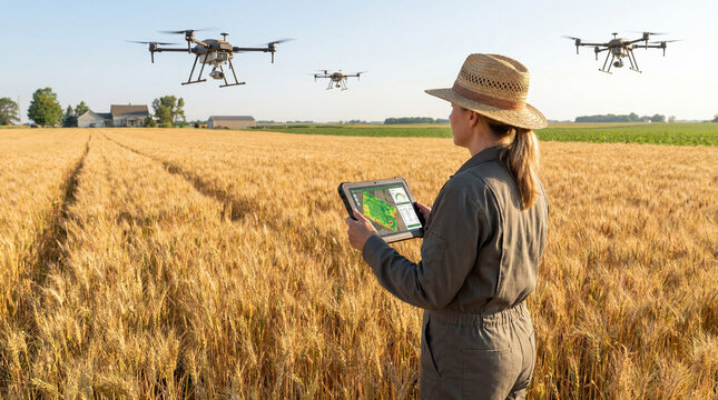 Woman farmer operating drones for smart farming in wheat field, monitoring crop health with precision agriculture technology