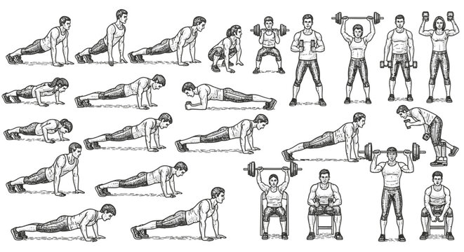 Workout exercises illustration with people performing push ups and weightlifting activities