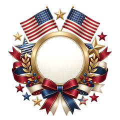 Obraz premium Patriotic gold frame with american flags stars and ribbons isolated on transparent background for 4th of july or usa independence day