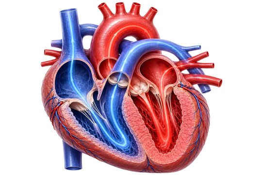 Human heart blood flow, anatomically accurate cardiac chambers, mitral valve, tricuspid valve, aortic valve, pulmonary valve, coronary vessels, and oxygenated and deoxygenated circulation pathways.