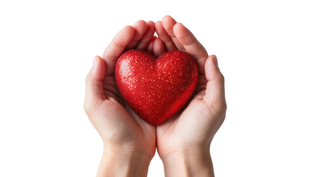 Hands holding sparkling red heart shape