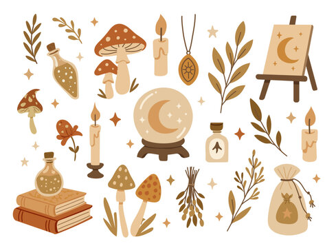 Mystical Boho Magic Set &ndash; Spiritual Witchy Aesthetic with Crystals, Mushrooms, Herbs, Candles, Crystal Ball, Meditation Woman, Esoteric Bohemian Clipart