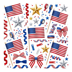 Obraz premium Patriotic party decorations with american flags stars ribbons and bows isolated on transparent background