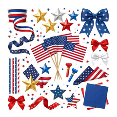 Obraz premium Patriotic 4th of july decorations and accessories isolated on transparent background with american flags, ribbons, bows, stars, and other festive elements for independence day celebrations