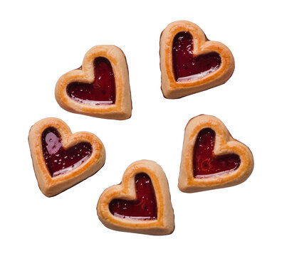 Heart shaped cookies with strawberry jelly isolated PNG, sweet homemade biscuits for Valentine and romantic dessert concepts