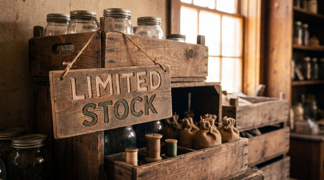 Wooden sign displaying limited stock in a rustic general store setting, with various goods stored in old crates