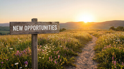 Fototapeta premium Wooden signpost with new opportunities text directing a path across a blooming meadow towards a vivid sunset