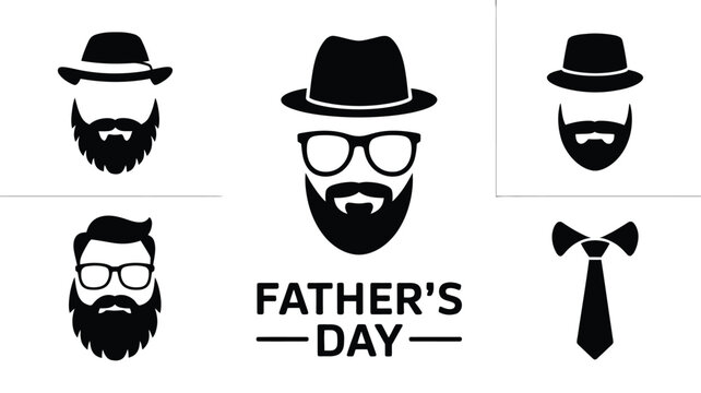 Father's day vector black icon collection, dad with beard and hat or fedora, tie symbol.