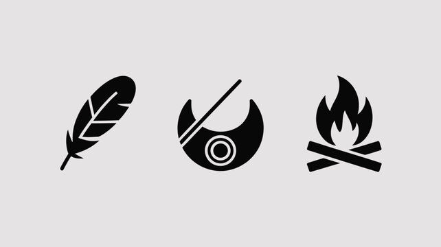 Set of three indigenous vector icons including feather, native jewelry and campfire.