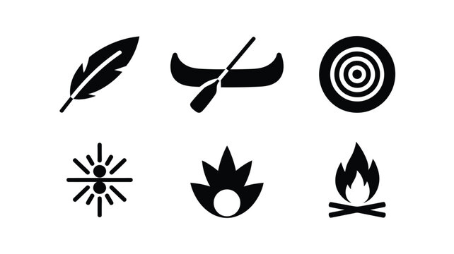 Set of six indigenous vector icons including feather, canoe, target, sun and campfire.