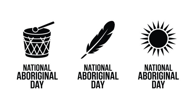 National aboriginal day vector icons for celebration and awareness with drum, feather, sun.