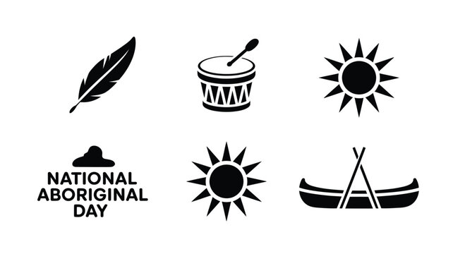 National aboriginal day icons feather drum sun text and canoe.