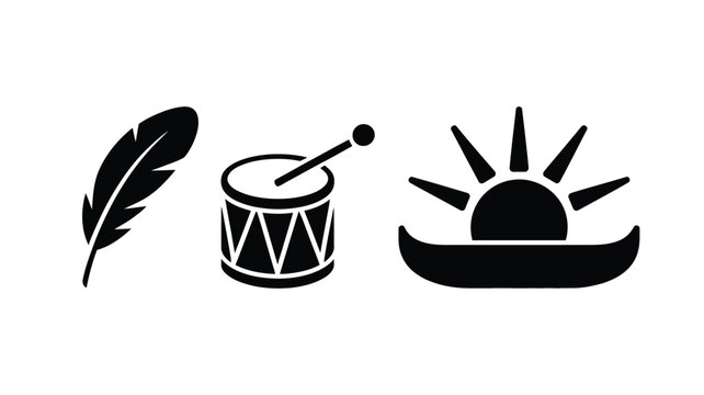 Feather drum and canoe with sun symbols indigenous culture icons.