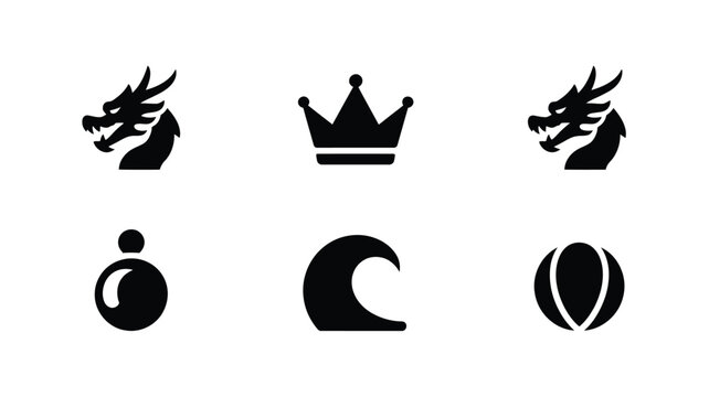 Collection of simple dragon head icons with royal crown and geometric abstract shapes set.