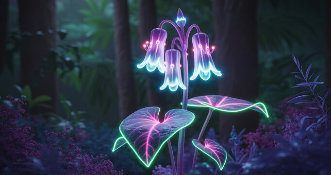 Neon glowing alien flower in a mystical fantasy forest