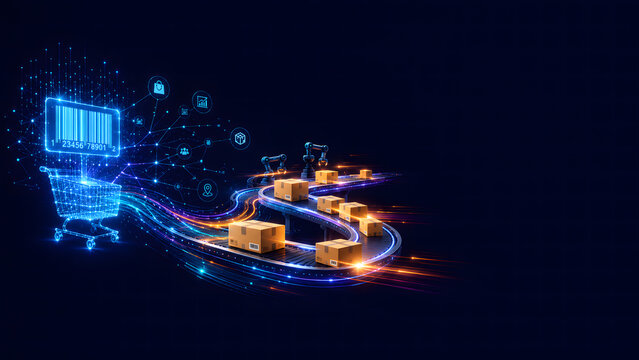 Futuristic logistics automation with a glowing shopping cart and cardboard boxes moving on a digital path, symbolizing retail demand planning and fast delivery.