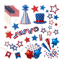 Fototapeta premium Patriotic party decorations and accessories in red, white, and blue colors for 4th of july or independence day celebrations isolated on transparent background
