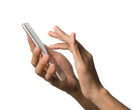 Hands holding smartphone isolated PNG on transparent background, scrolling mobile phone for social media and communication concepts