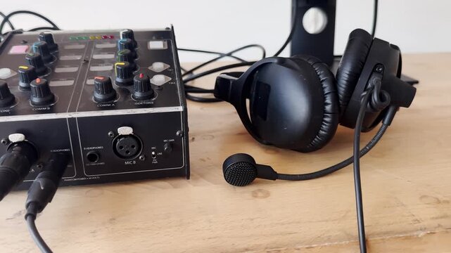 Broadcast intercom unit with connected cables and headset microphone on a wooden table, showing live production communication gear and audio control setup.