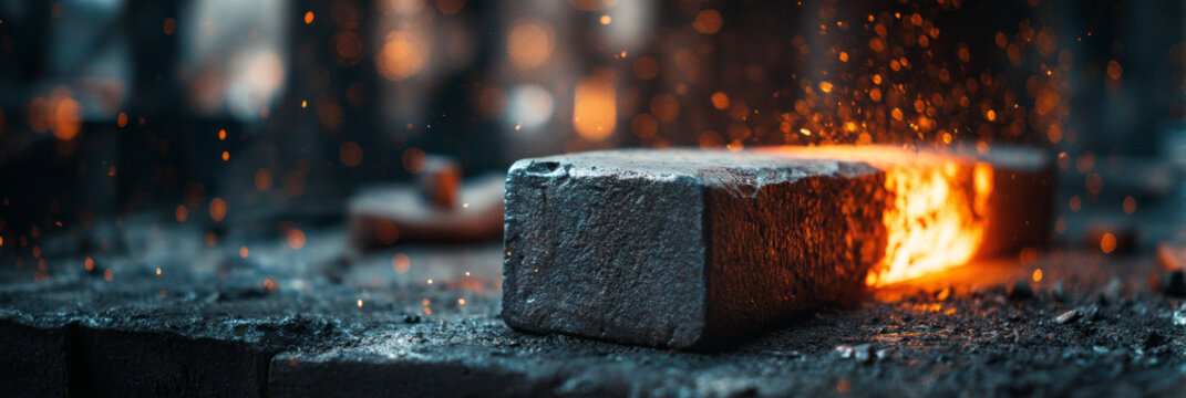 A glowing hot steel billet sits on a heavy anvil in a metal forging workshop. Bright sparks fly around as the heat fills the space. The scene shows metalwork in action