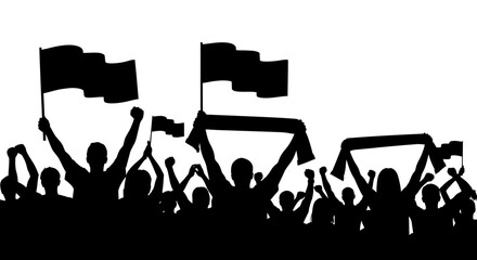 Naklejka premium Silhouette of excited fans holding flags and scarves in celebration