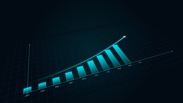4K Technology HUD Business Growth Bar Chart, 3D Isometric Data Visualization with Tracking Arrow